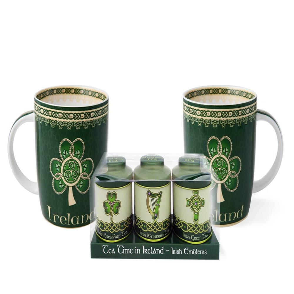 Royal Tara Set of 1 Irish Emblems 20g Tea Caddies Set of Tin Tea and 1 Ireland Tea Cup Set of 2 Mugs New Bone China