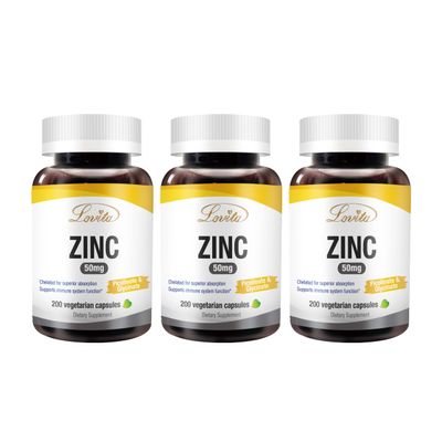 LOVITA Zinc 50mg | Potent Highly-Absorbed Chelated Zinc Supplements, Picolinate & Bisglycinate | Vegan, Gluten Free, non-GMO | For Immune, Antioxidant Support & Healthy Skin | 200 Capsules (Pack of 3)