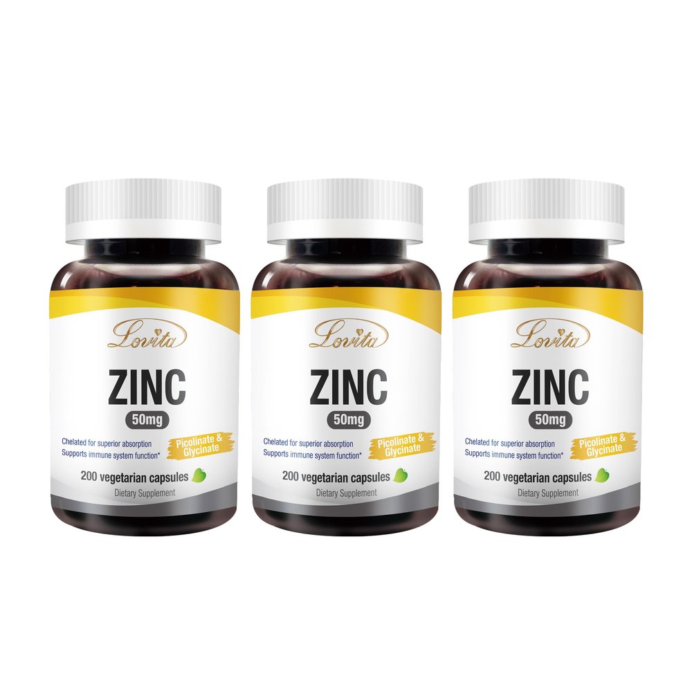 LOVITA Zinc 50mg | Potent Highly-Absorbed Chelated Zinc Supplements, Picolinate & Bisglycinate | Vegan, Gluten Free, non-GMO | For Immune, Antioxidant Support & Healthy Skin | 200 Capsules (Pack of 3)