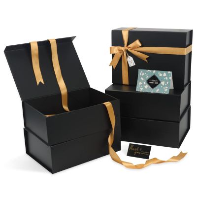 Black Gift Boxes with Lids 3 Pack, 11x8x4 Inches medium Gift Box with Ribbon, Collapsible Gift Boxes with Magnetic Closure for Presents, Bridesmaid Proposal Box Contains Gift Card Ribbon Tag