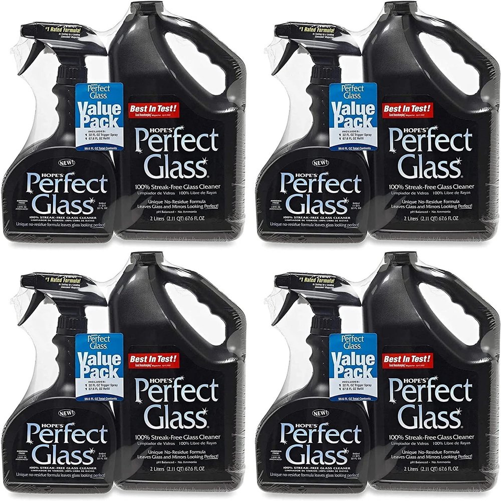 HOPE'S Perfect Glass Cleaner, Streak-Free, Ammonia-Free Window, Mirror, Screen, and Shower Door Cleaner, Indoor and Outdoor Glass Surfaces, 32 Fl Oz Spray Bottle and 67.6 Fl Oz Refill, Pack of 4