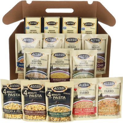 Alessi Taste of Italy Holiday Variety Gift Box, Sampler of Culturally Inspired Soups, Pastas, Risottos, Farros and Premium Bread Sticks