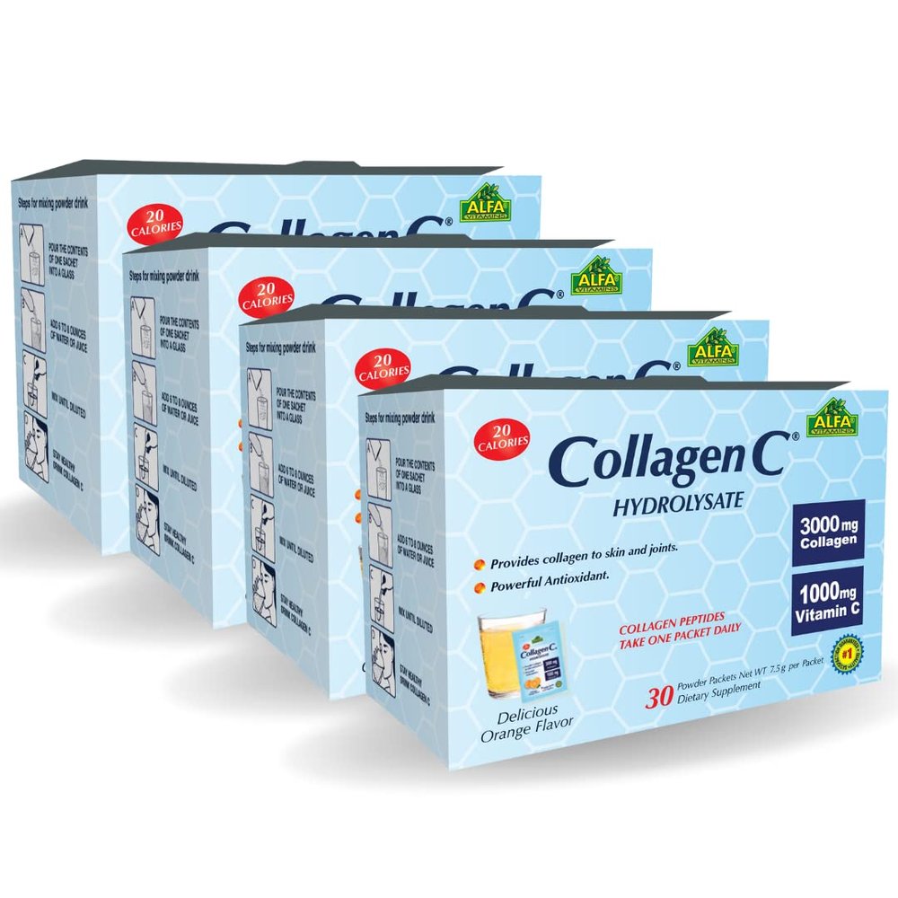 ALFA VITAMINS Collagen C Peptides Hydrolysate Powder Supplement, Vitamin C 1000mg, Gluten Free Hydrolyzed Collagen for Skin, Hair, Nails, Joint & Bone Support, Antioxidant, 30 Sachets per Box, 4 Pack