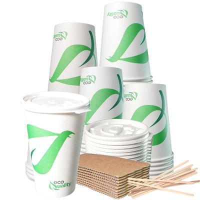 16 oz Compostable Paper Cups with White Flat Lids, Sleeves and Wooden Stirrers - Biodegradable Disposable White Paper Coffee Cups PLA Lined - Eco-friendly Hot and Cold Drinking Cups (150)