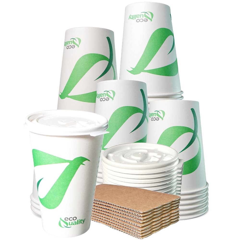16 oz Compostable Paper Cups with White Flat Lids and Sleeves - Biodegradable Disposable White Paper Coffee Cups PLA Lined - Eco-friendly Hot and Cold Drinking Cups (200)