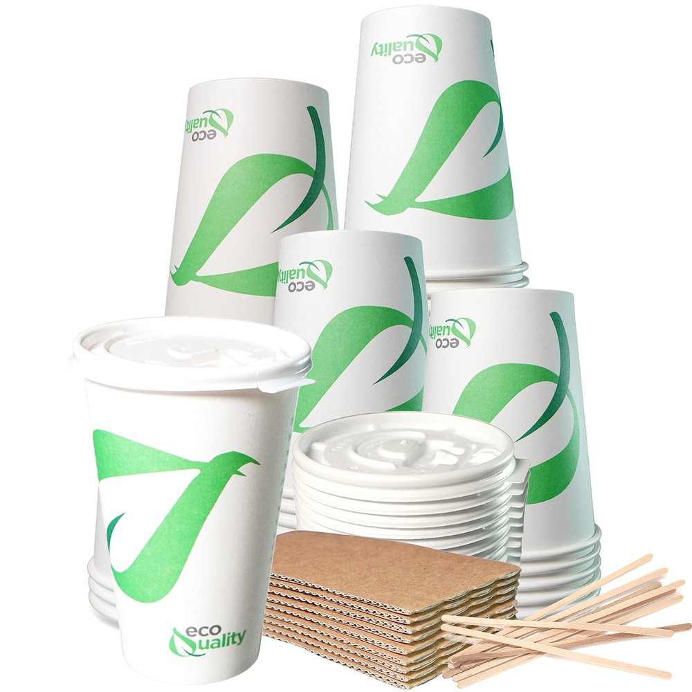 16 oz Compostable Paper Cups with White Flat Lids, Sleeves and Wooden Stirrers - Biodegradable Disposable White Paper Coffee Cups PLA Lined - Eco-friendly Hot and Cold Drinking Cups (300)