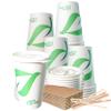 16 oz Compostable Paper Cups with White Flat Lids, Sleeves and Wooden Stirrers - Biodegradable Disposable White Paper Coffee Cups PLA Lined - Eco-friendly Hot and Cold Drinking Cups (25)