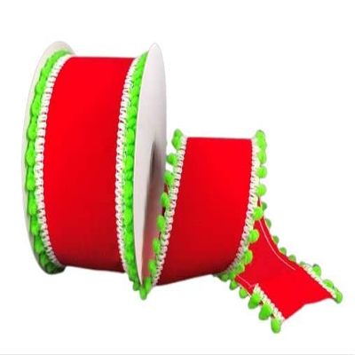Jascotina, 2.5" Red Velvet Pom Ribbon: Lime Green (10 Yards) - Christmas Gift Wrapping Ribbon