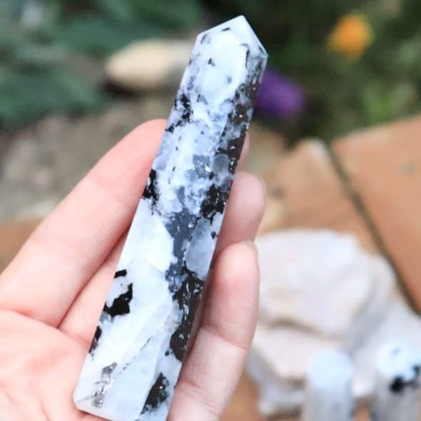Shelf & Stone Rainbow Moonstone Crystal Tower Obelisk for New Beginnings, Healing. Raw & Natural. 4-5" inches Tall x 1 inch Wide. Handmade and Ethically Sourced.