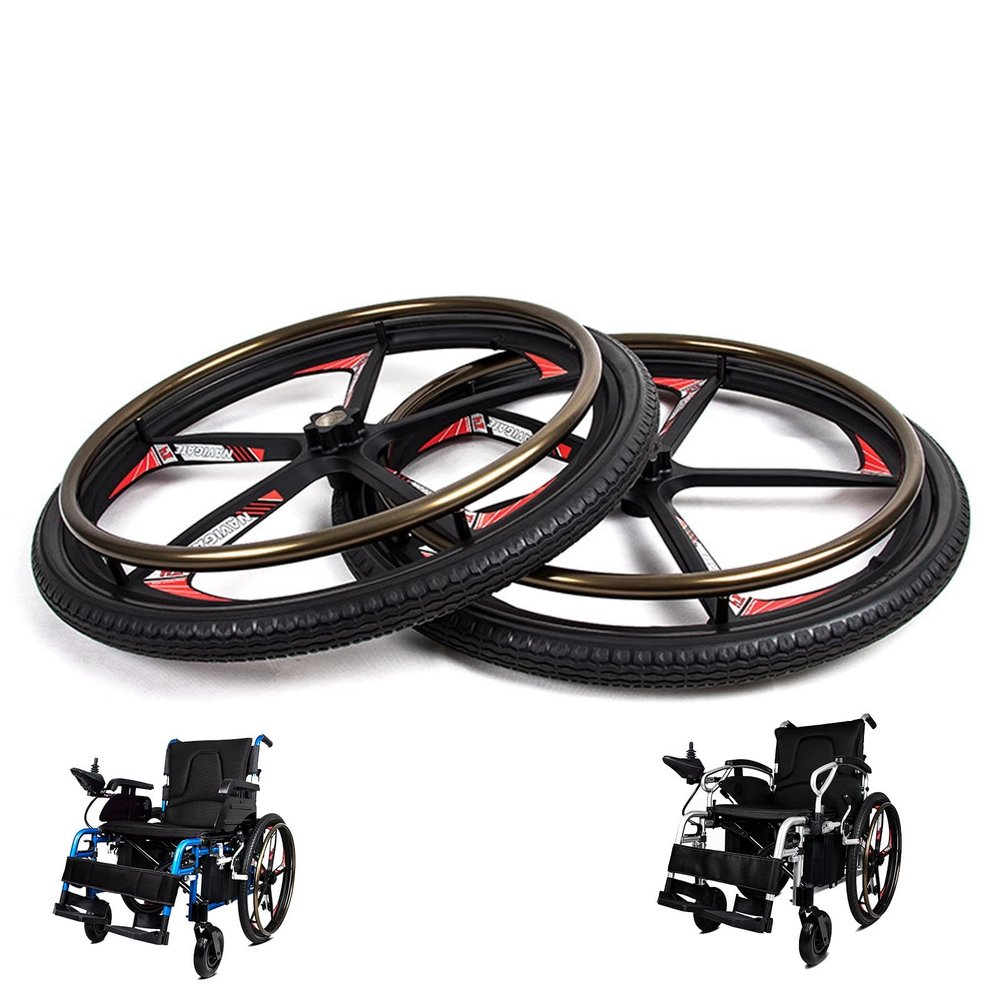 24inch Electric Wheelchair Replacement Wheels Accessories, Wheelchair Rear Wheels Assembly, Wear-Resistant Solid Tires, Magnesium Alloy Hub, Keyway: 6mm