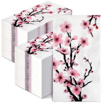 Spiareal 200 Pcs Disposable Bathroom Hand Towels Paper Guest Towels Floral Cherry Blossoms Guest Napkins for Bathroom Pink Paper Dinner Hand Napkins for Wedding Party Bridal Birthday