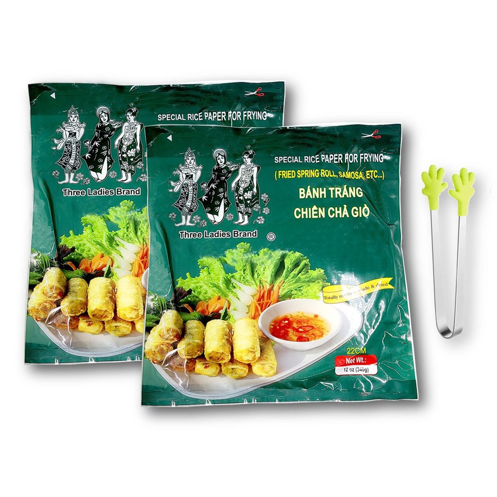 Three Ladies Rice Paper Banh Trang for Frying Fried Spring Roll Size 22 cm - 12 Oz. X 2 Packs - with Mini Handshape Silicone Tongs