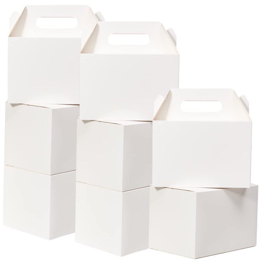 Shallive 15 Pcs Large Treat Boxes 9x6x6 Inches White Gable Gift Boxes with Handle Kraft Lunch Boxes Recycled Paper Gift Bags Take Out Cookie Boxes Welcome Boxes Candy Bags For Wedding Supplies