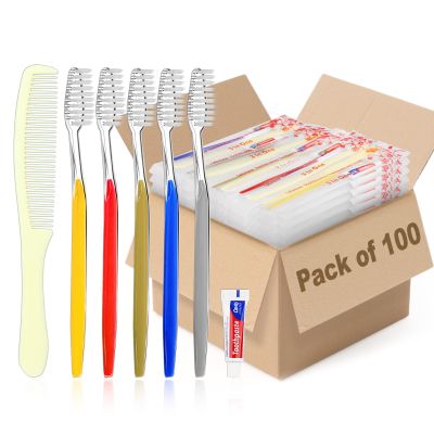 skourvut 100 Pack Disposable Toothbrushes with Toothpaste and Comb for Homeless Individually Wrapped-Suitable for Hotel,Air Bnb,Shelter/Homeless/Nursing Home/Charity 1