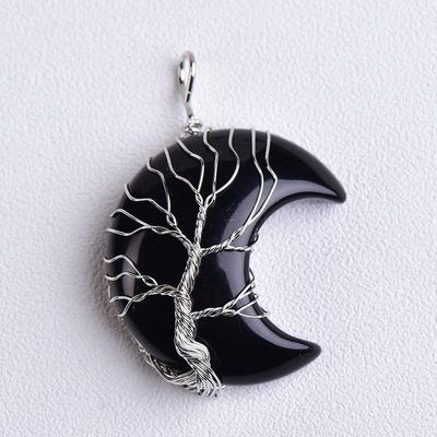 1PC Natural Crystal Pendant Moon ShapeTree of Life Raw Crystals Mineral Jewelry Stone Increase Charm Unisex Jewelry Gift,Moon Obsidian,1pcs