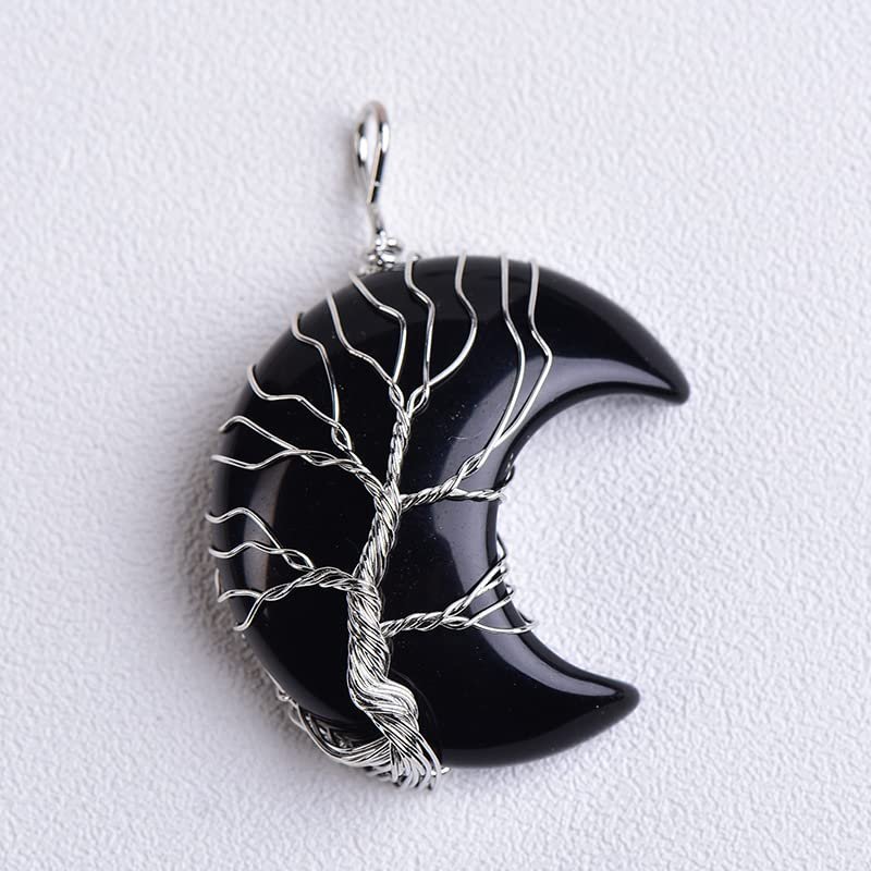 1PC Natural Crystal Pendant Moon ShapeTree of Life Raw Crystals Mineral Jewelry Stone Increase Charm Unisex Jewelry Gift,Moon Obsidian,1pcs