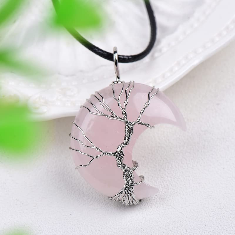 1PC Natural Crystal Pendant Moon ShapeTree of Life Raw Crystals Mineral Jewelry Stone Increase Charm Unisex Jewelry Gift,Moon Rose Quart,1pcs