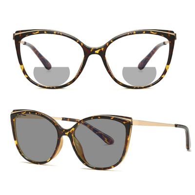 Outdoor Womens Transition Photochromic Bifocal Reading Glasses Cat Eye Reader Sunglasses driving safety magnifying glasses (leopard, 0, multiplier_x)