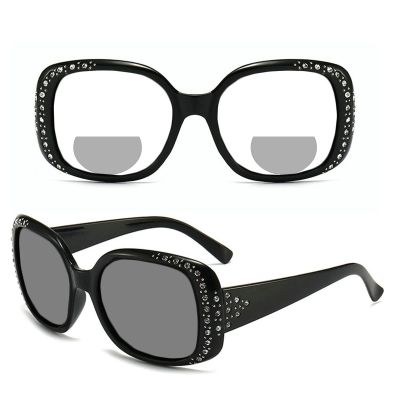 Outdoor Oversized Womens Transition Photochromic Bifocal Reading Glasses round Rhinestones Reader Sunglasses (black, 3.25, multiplier_x)