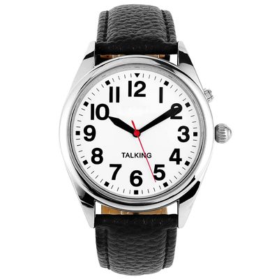 ViLoSa English Talking Watch Speaks The Time, Date or Alarm time for Elderly, Impaired Sight or Blind. White Face-Black Numbers with Stainless Expand Strap