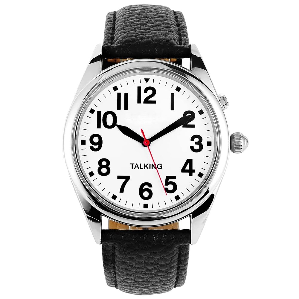ViLoSa English Talking Watch Speaks The Time, Date or Alarm time for Elderly, Impaired Sight or Blind. White Face-Black Numbers with Stainless Expand Strap