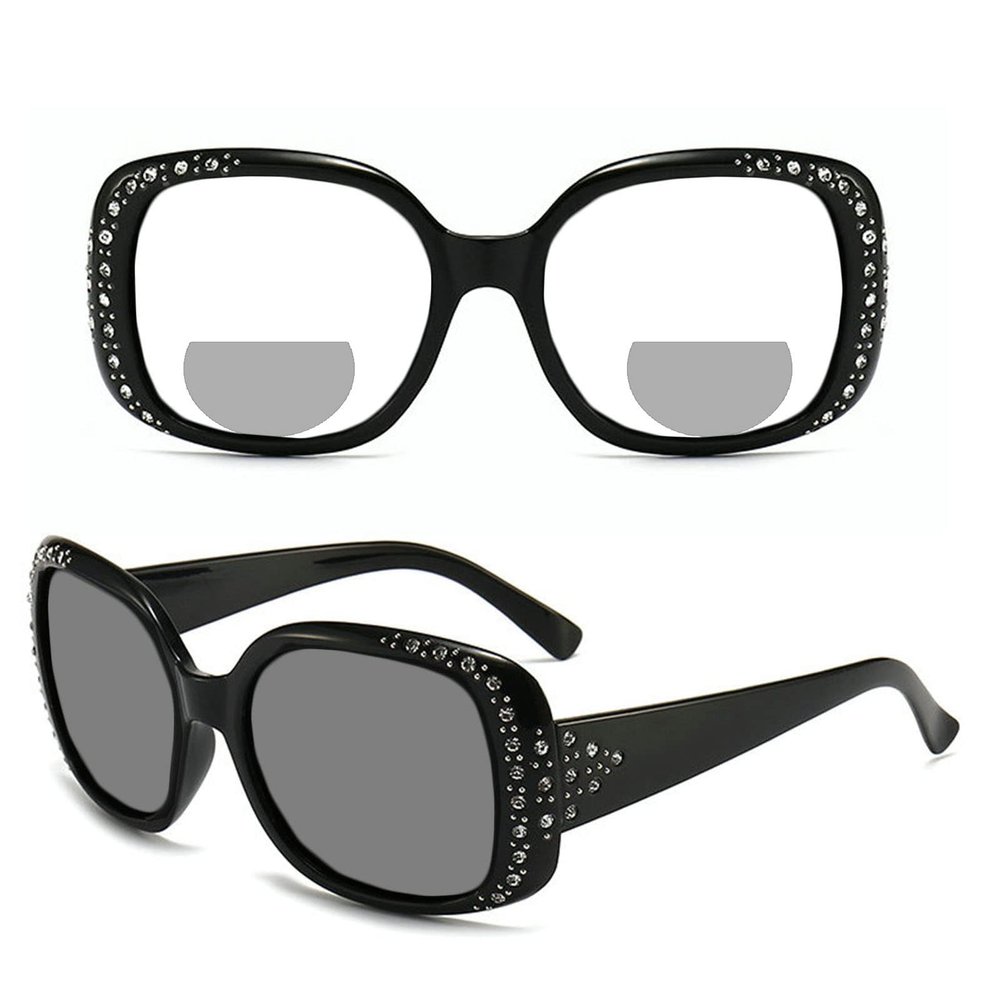 Outdoor Oversized Womens Transition Photochromic Bifocal Reading Glasses round Rhinestones Reader Sunglasses (black, 2.5, multiplier_x)