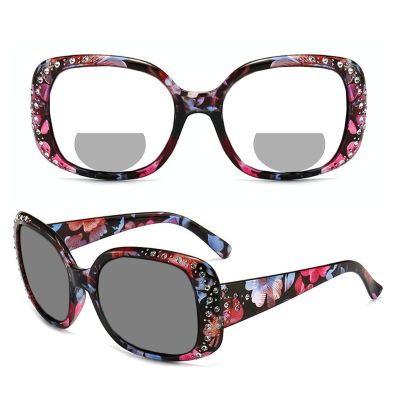 willochra Outdoor Oversized Womens Transition Photochromic Bifocal Reading Glasses round Rhinestones Reader Sunglasses (flower, 2.25, multiplier_x)