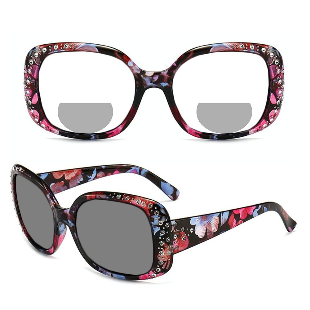 willochra Outdoor Oversized Womens Transition Photochromic Bifocal Reading Glasses round Rhinestones Reader Sunglasses (flower, 2.25, multiplier_x)