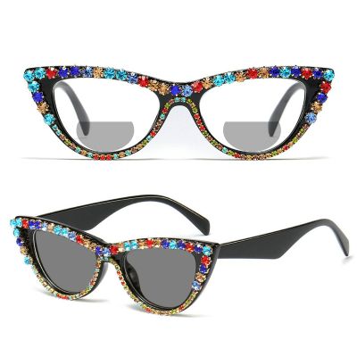 Reading Glasses Rhinestones Cat Eye Transition Photochromic Bifocal Reading Glasses for Women Tinted Reading Sun Glasses (black rainbow, 3.5, multiplier_x)