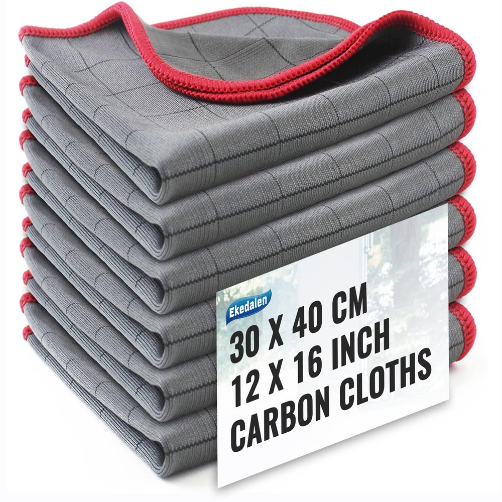 Ekedalen Microfiber Cleaning Cloth Lint Free Glass Cleaner Window Polishing Streak Free Miracle Easy Clean Rag Reusable for Mirror Kitchen Dish Auto Detailing, Pack of 6, 16"x12", Grey-red