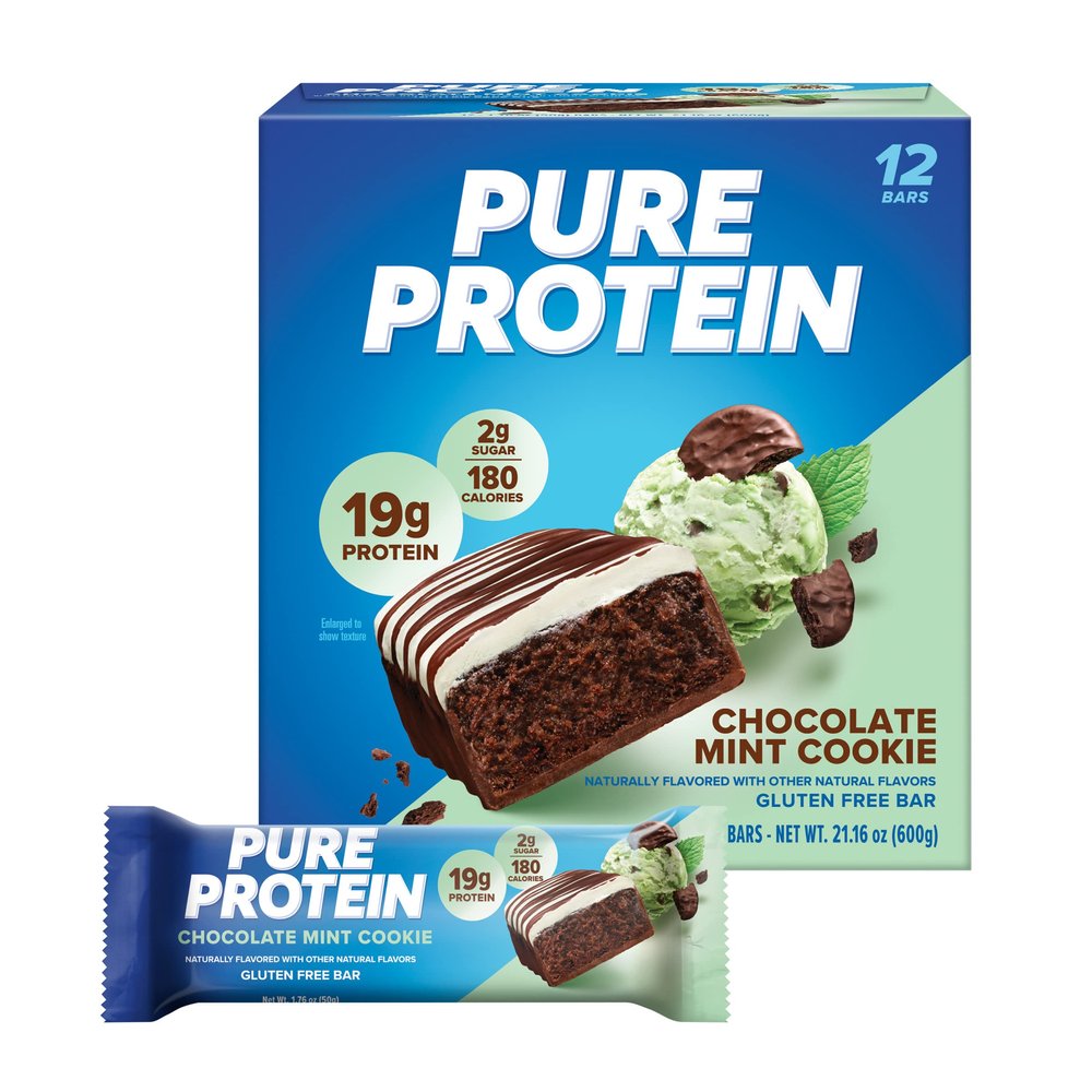 Pure Protein Chocolate Mint Cookie Protein Bars 20g Protein, 3g Sugar, 190 Calories (12 count) Low Sugar* High Protein Snack - Gluten Free - Perfect for a Healthy Snack