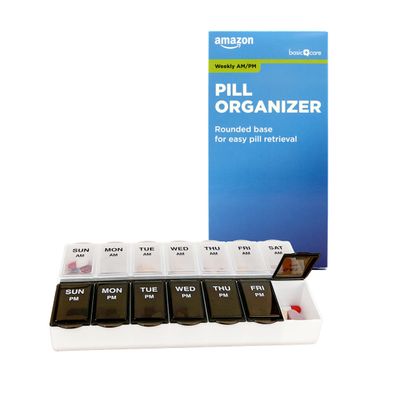 Amazon Basic Care (7-Day) AM/PM Pill Organizer, Vitamin Case, And Medicine Box, Large Compartments, 2 Times a Day, Black and Clear Lids