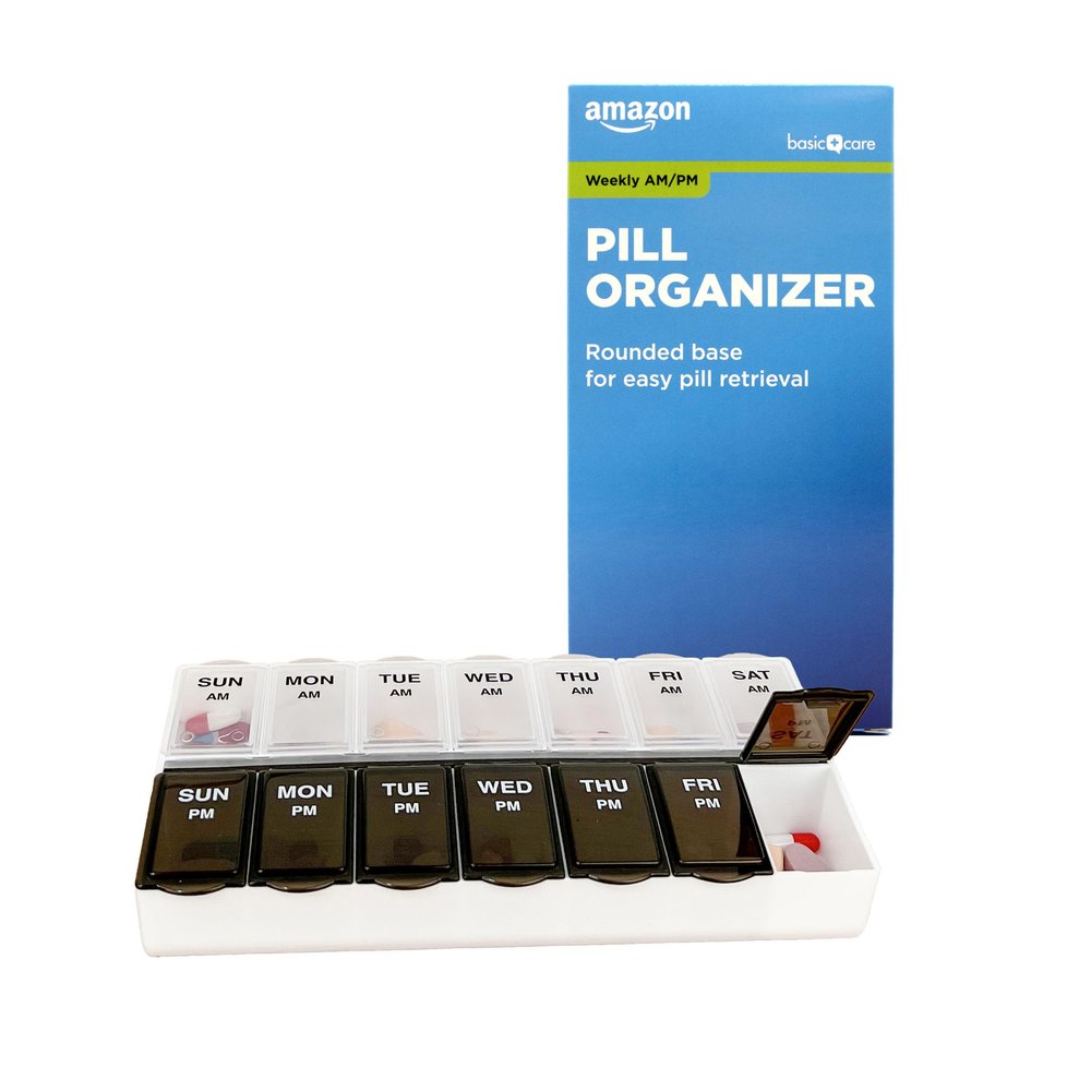 Amazon Basic Care (7-Day) AM/PM Pill Organizer, Vitamin Case, And Medicine Box, Large Compartments, 2 Times a Day, Black and Clear Lids