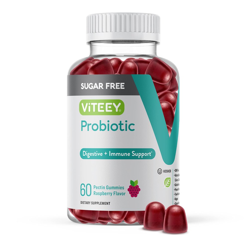 Viteey Probiotic Gummies for Women, Men & Teens, 2 Billion CFUs - Sugar Free - Immune Booster, Digestive Support, Gut Health - Vegan, Gelatin Free, GMO Free - Tasty Chewable Raspberry Flavored Gummy