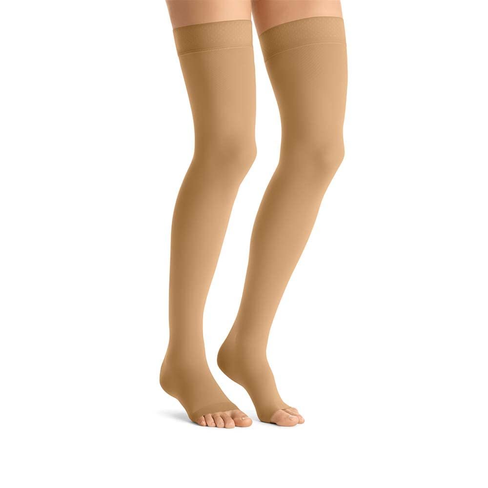 JOBST Opaque Compression Stockings, 30-40 mmHg, Thigh High, Silicone Dot Band, Open Toe, Honey, Large