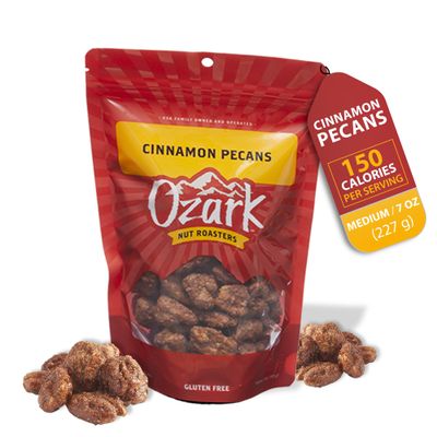 OZARK NUT ROASTERS: Cinnamon-Coated Pecans, Cinnamon Spice Flavored Snacks, World-Class Gourmet Candied Nuts, Resealable Pack (7 oz)