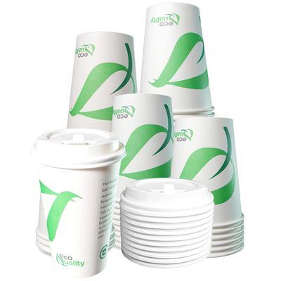 16 oz Compostable Paper Cups with White Dome Lids - Biodegradable Disposable White Paper Coffee Cups PLA Lined - Eco-friendly Hot and Cold Drinking Cups (300)