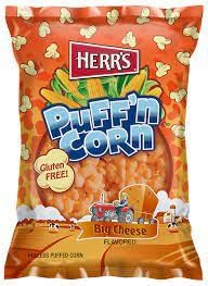 Herr's Cheesy Hulless Puff'n Corn, 4.5 Ounce (Pack of 12 Bags)  Light, Cheesy Puffed Corn with No Hulls  Great for Mess-Free Snacking