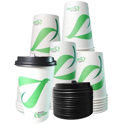16 oz Compostable Paper Cups with Black Dome Lids - Biodegradable Disposable White Paper Coffee Cups PLA Lined - Eco-friendly Hot and Cold Drinking Cups (400)