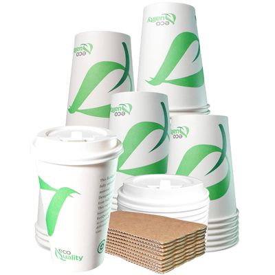 16 oz Compostable Paper Cups with White Dome Lids and Sleeves - Biodegradable Disposable White Paper Coffee Cups PLA Lined - Eco-friendly Hot and Cold Drinking Cups (150)