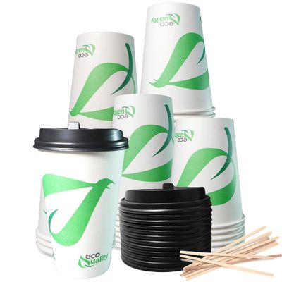 16 oz Compostable Paper Cups with Black Dome Lids and Wooden Stirrers - Biodegradable Disposable White Paper Coffee Cups PLA Lined - Eco-friendly Hot and Cold Drinking Cups (500)