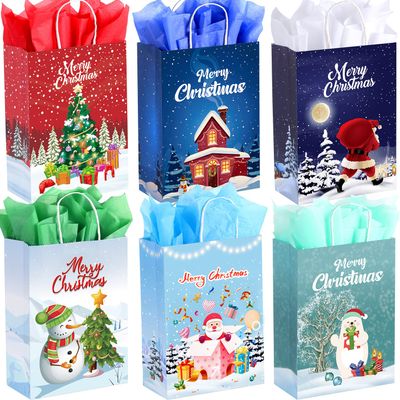 24Pcs Christmas Gift Bags with Tissues, Small Christmas Bags for Gift with Handle, Xmas Treat Paper Bag for Kids Adults Party Supplies