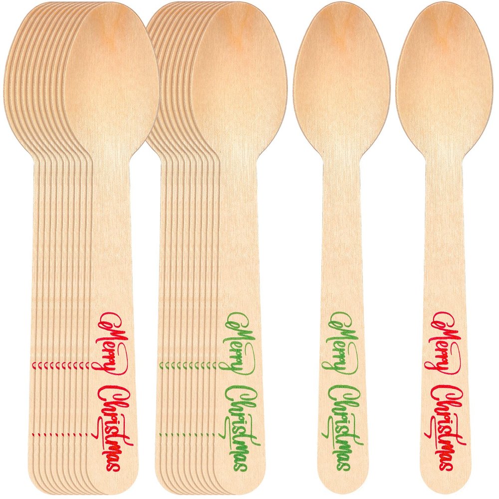Hoolerry 100 Pcs Disposable Christmas Wooden Spoons 5.5'' Hot Cocoa Chocolate Candy Cane Winter Tasting Bar Spoons for Cake Coffee Ice Cream(Red, Green,Merry Style)