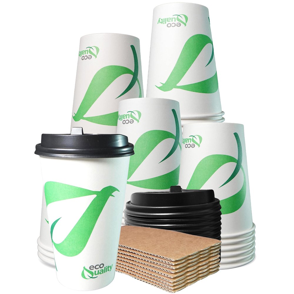 16 oz Compostable Paper Cups with Black Dome Lids and Sleeves - Biodegradable Disposable White Paper Coffee Cups PLA Lined - Eco-friendly Hot and Cold Drinking Cups (1000)