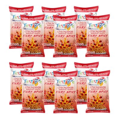 Feel Festive 12 Bags 1-oz Fiery Spicy Crunchy Roasted Chickpeas Protein Snack Pack, Healthy Garbanzo Beans, Non-GMO Vegan Gluten-Free Soy-Free Balanced Macro Nut Free, Individual Convenient Portions