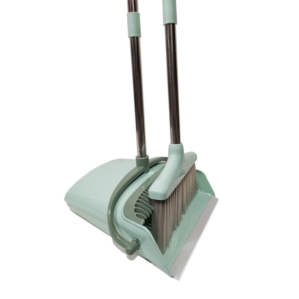 Xifando Extendable Long Handle Broom and Dustpan Set, Stainless Lightweight Upright Standing Broom and Dustpan Combo for Kitchen Lobby Office Living Room Household Indoor or Outside (Nordic Green)