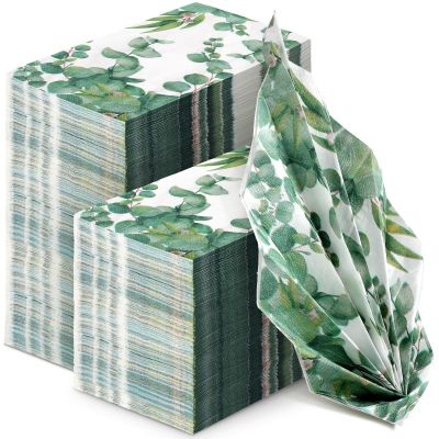 Spiareal 200 Pcs Eucalyptus Napkins Guest Towels Disposable Bathroom Sage Green Leaves Paper Hand Towels Decorative Greenery Paper Napkins for Wedding Birthday Cocktail Dinner Baby Shower Party Decor
