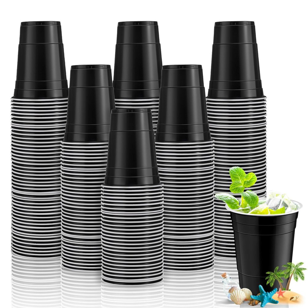 Lounsweer 100 Pack 16 Ounce Plastic Party Cups Heavy Duty Drinking Water Cups for Valentine Carnival St. Patrick's Day Holiday Festival Wedding Birthday Party Supplies(Black, White)