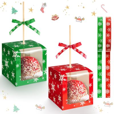 50 Set Christmas Kraft Candy Apple Boxes with Hole Sticks and Ribbons 4x4x4'' Window Clear Favor Boxes Candied Cake Cookies Chocolate Caramel Apple Boxes Gift Treat Boxes for Wedding Party (Snowflake)