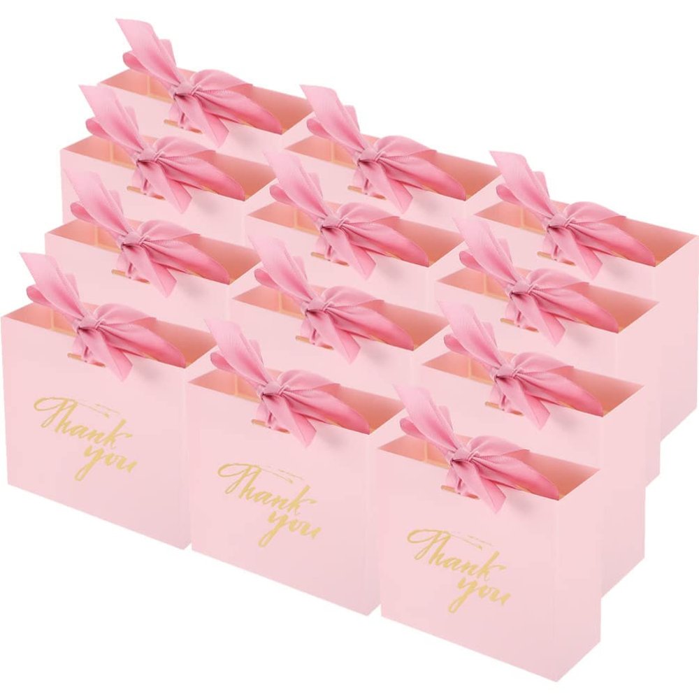 DECHOUS Thank You Bags: Boxes Party Favor Small Bags Treat Boxes with Ribbon Pink Pattern Paper Bags for Wedding Holiday Business Party Supplies 50pcs